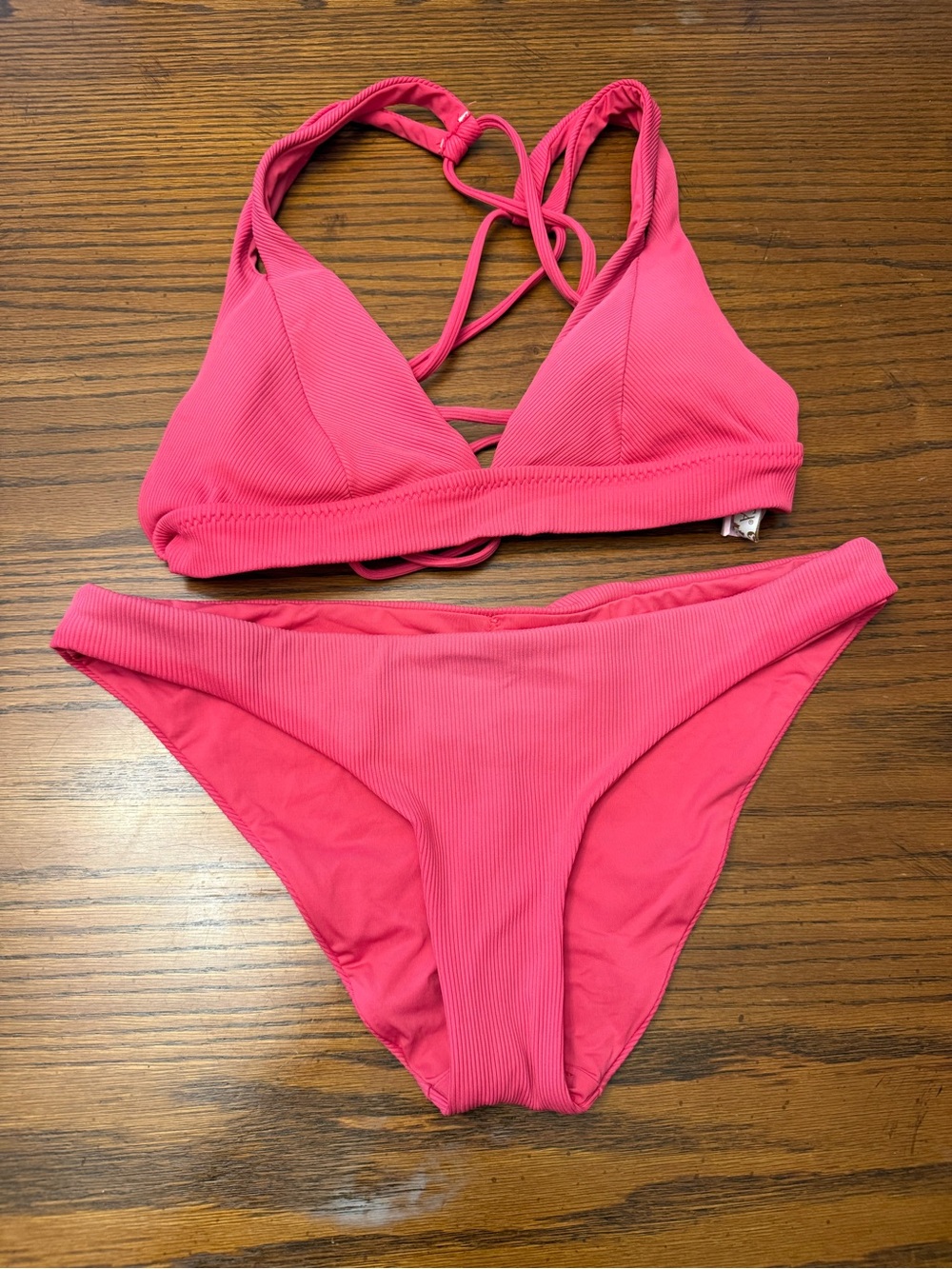 BECCA Hot Pink Ribbed Triangle Bikini Set